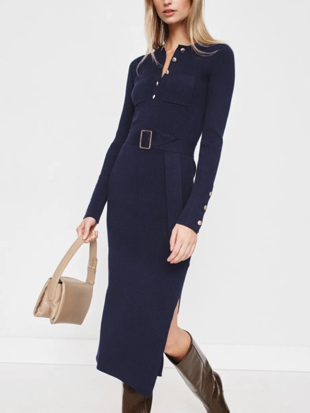 REISS Willa Ribbed Midi Dress Navy Long-Sleeve Maxi Dress with Belt